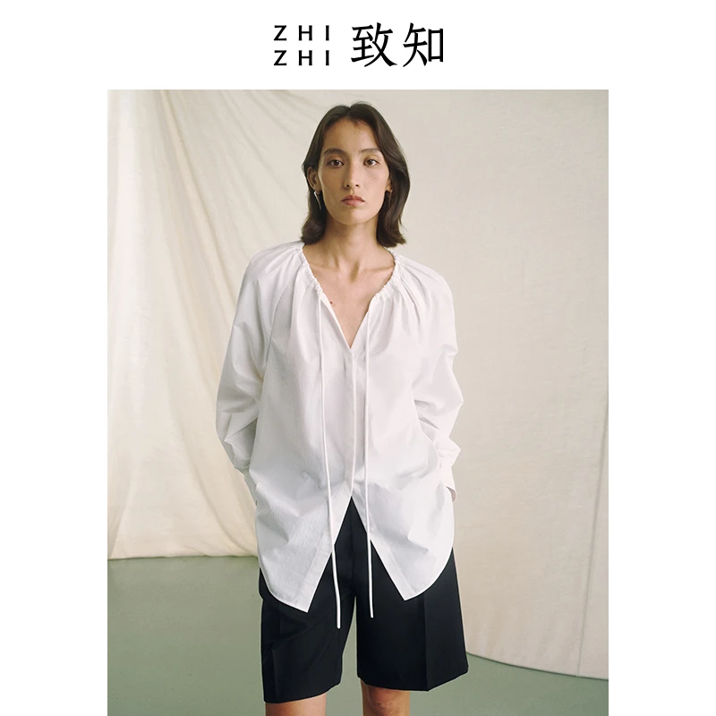 致知 竹枝 休闲衬衫2024春夏新款亲肤圆领抽绳设计感ZZ2DSWCW076