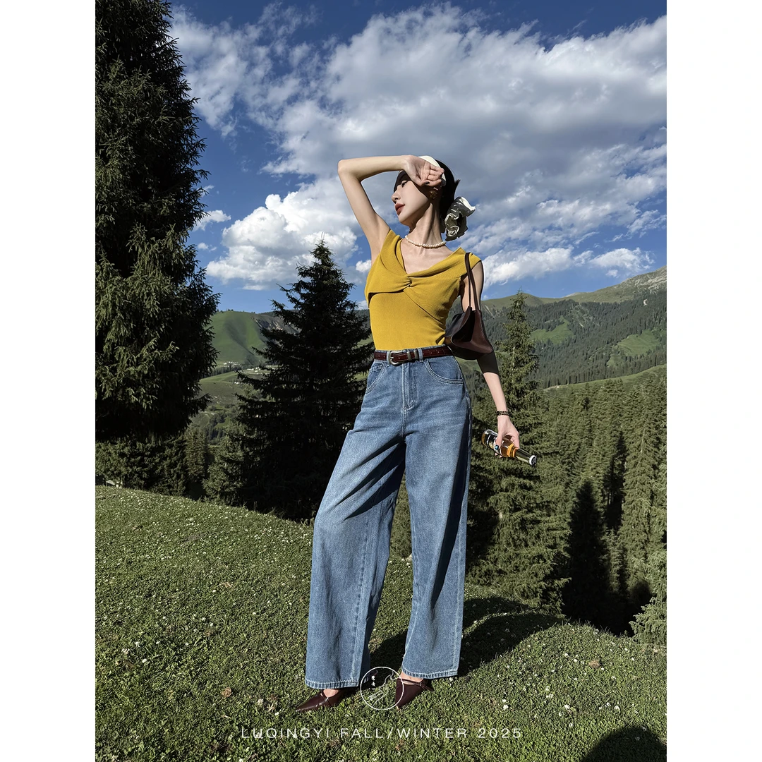 鹭青一原创【亦驰】复古做旧水洗棉弹宽松阔腿牛仔裤女L25N3301K