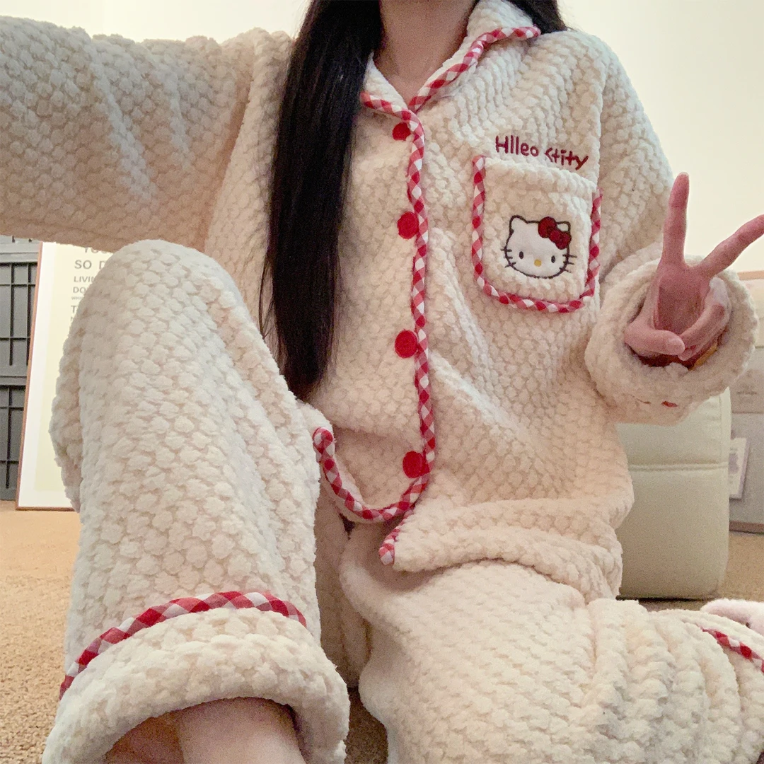 2025年冬季新款珊瑚绒睡衣女生加厚保暖韩系可爱猫咪摇粒绒家居服
