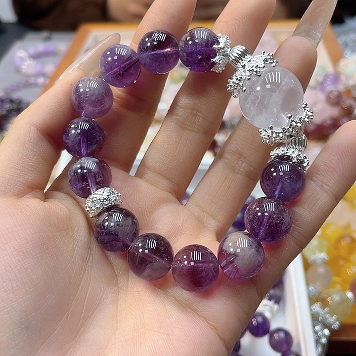 水晶手链银S925镶嵌12紫兔毛极光