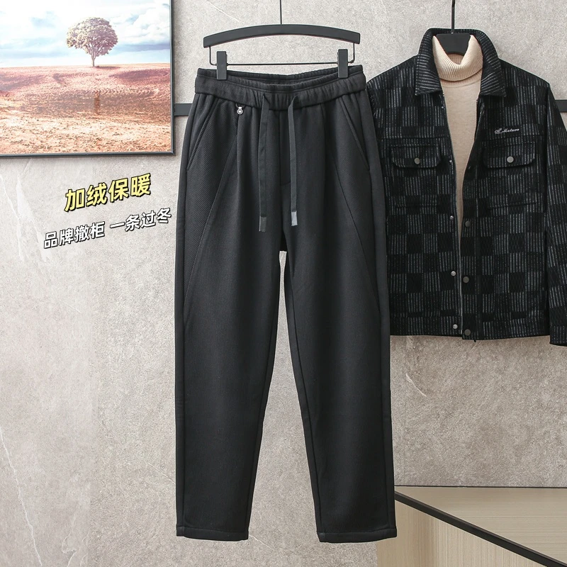保暖升级时尚黑色九分裤男款加绒加厚冬季松紧腰小直筒9分运动裤