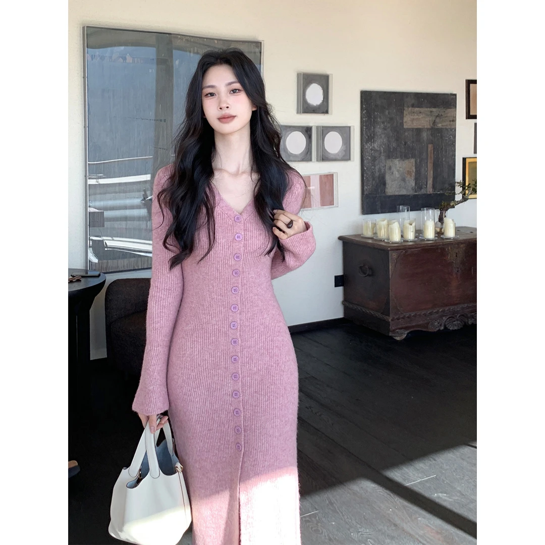 SYT自制 羊毛极简V领纽扣针织连衣裙女冬季新款收腰修身包臀长裙