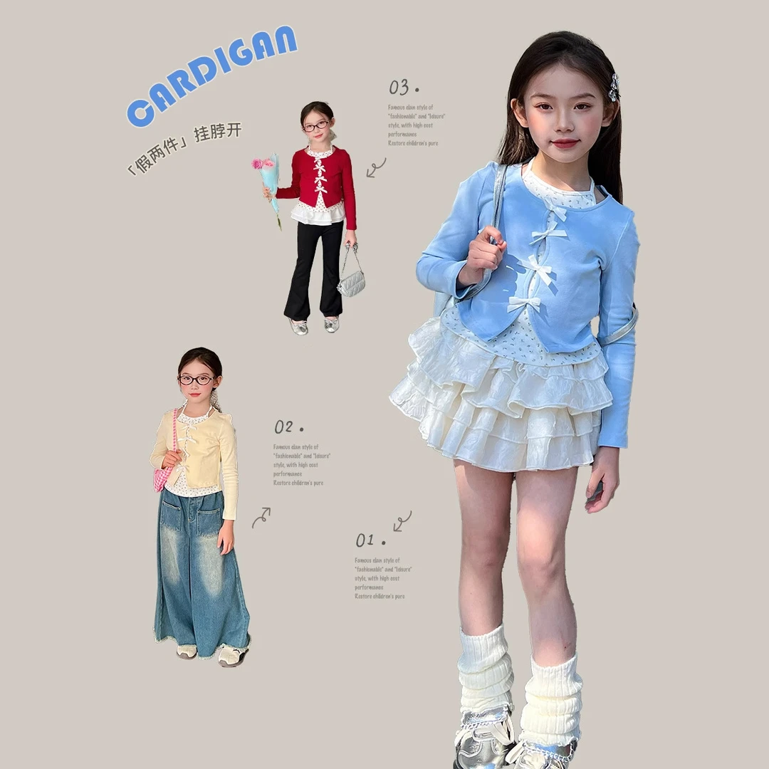 2025秋上新女童假两件挂脖蝴蝶结小碎花长袖打底衫