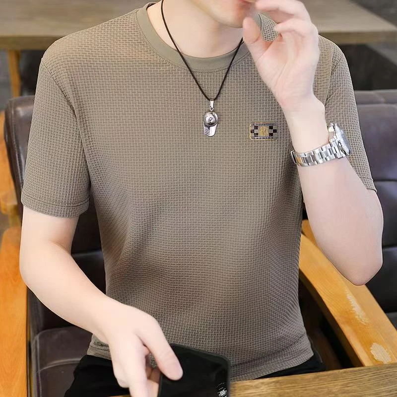 高端男士提花短袖T恤圆领夏季新款透气速干半袖男装纯色休闲上衣