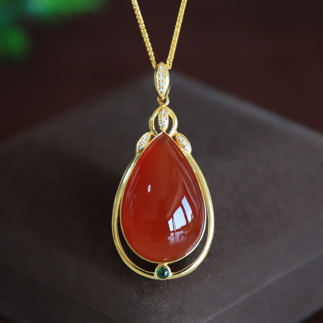 月丽（收藏级满色）原矿无优化南红冰红大水滴吊坠18K金 秋冬项链