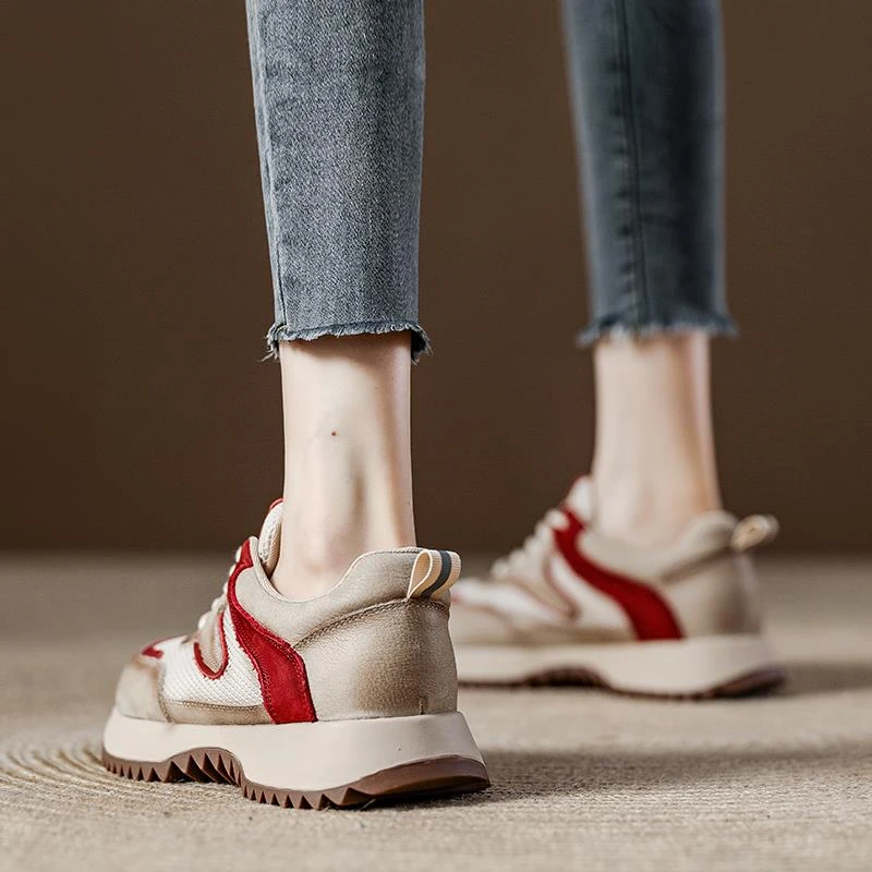 复古红色阿甘鞋女2025新款百搭 网面透气显脚小休闲运动老爹鞋女
