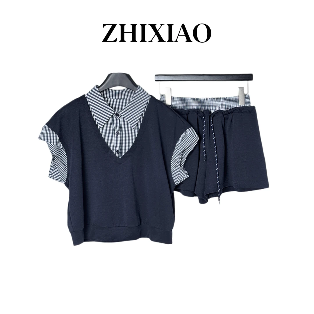 【ZHIXIAO】夏季新款：格子拼接套装70932