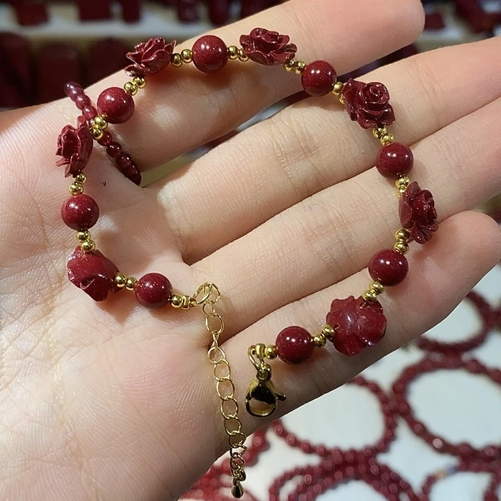 天然辰砂玫瑰花手链