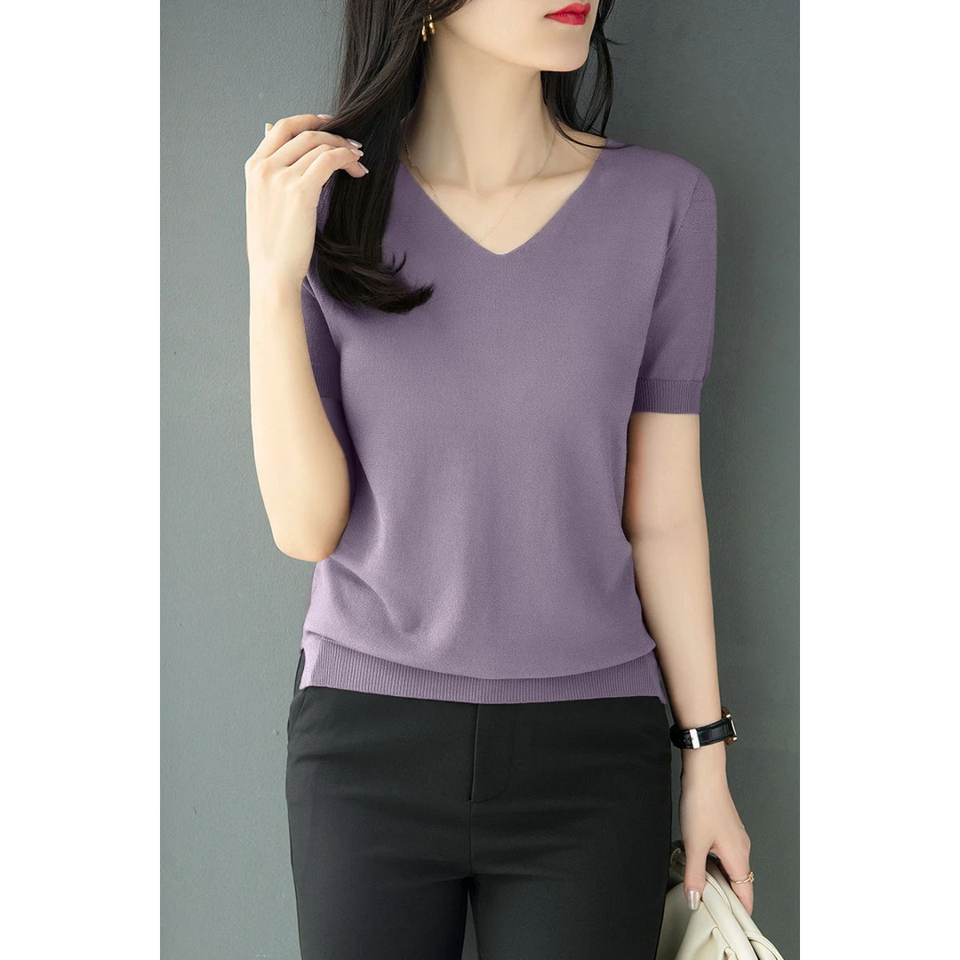 2025夏季新款丁香紫宽松薄款T恤针织衫冰丝下摆开叉设计V领上衣女