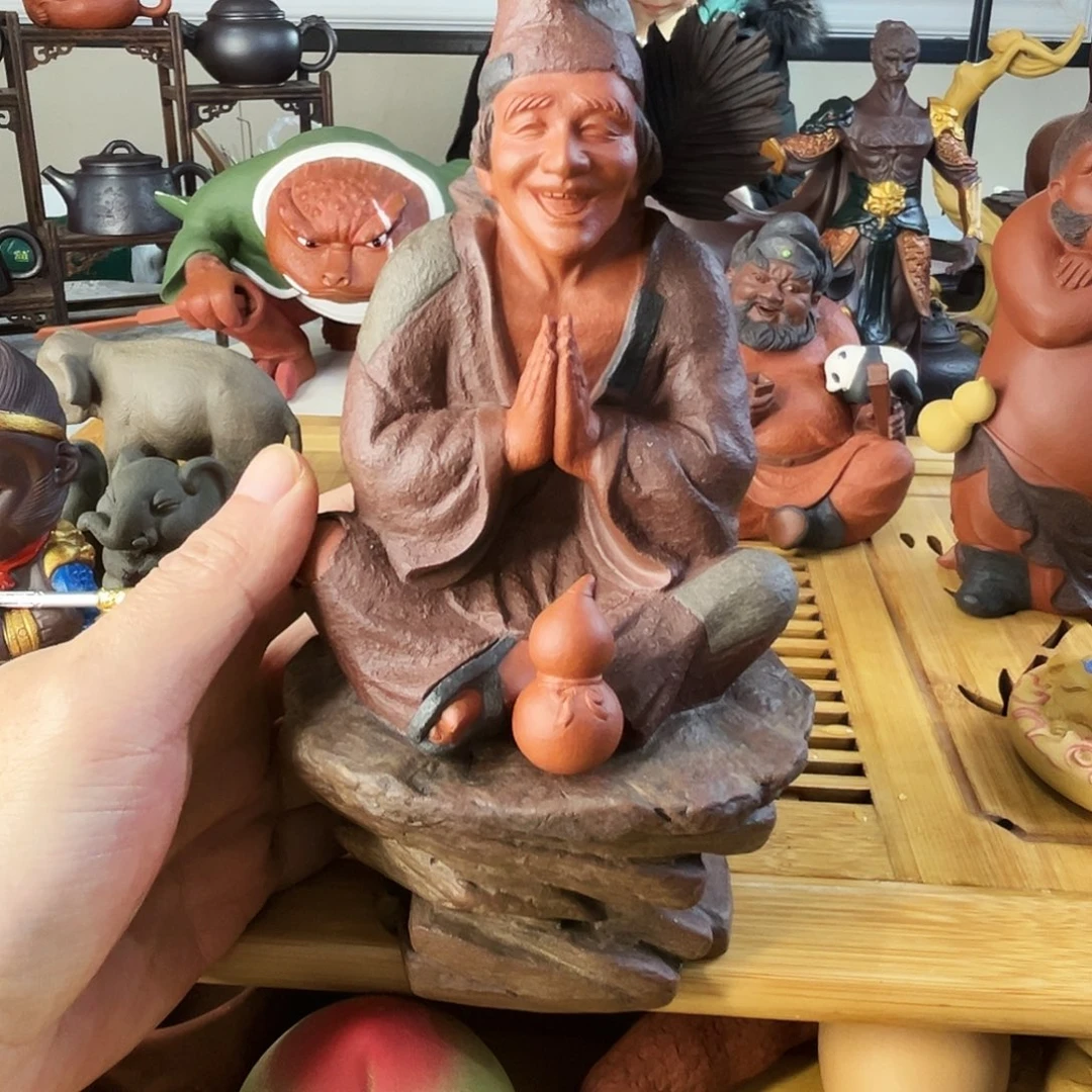 鞍***钱茶盘紫砂济公摆件全手工