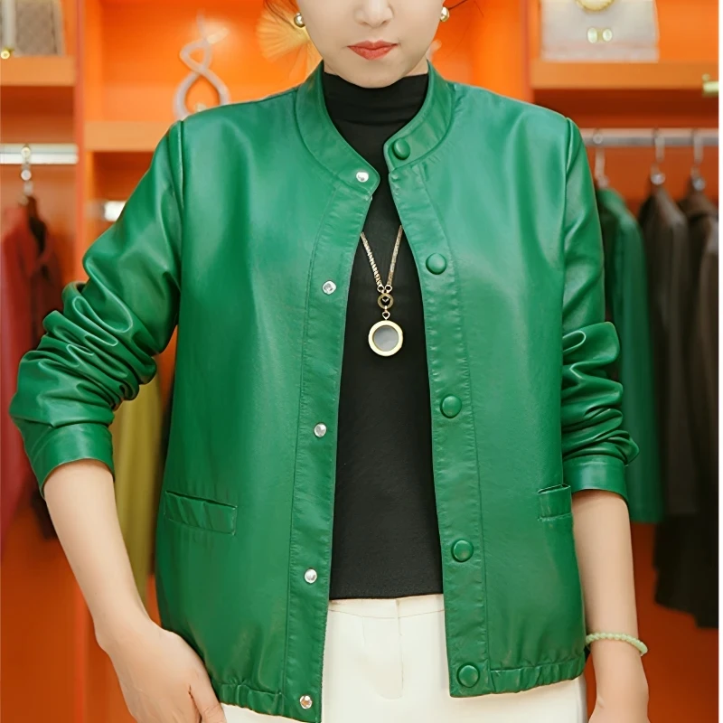 【单里衬】新款海宁短款皮衣女2025秋季新品皮夹克圆领小个子外套