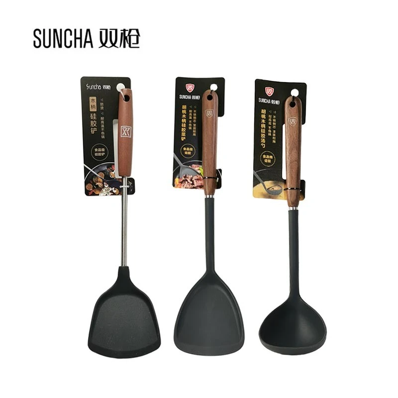双枪木柄硅胶菜铲汤勺家用防烫耐高温炒菜炒勺铲子不粘锅专用厨具