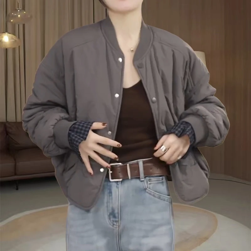 韩系慵懒风纯色圆领棉衣外套女秋冬时髦减龄显瘦保暖单排扣上衣