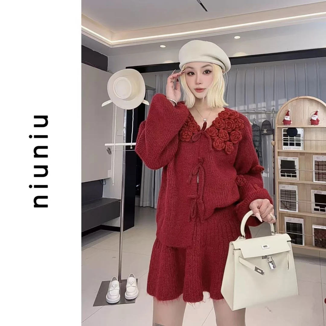 niuniu妞妞「“花朵”毛衣开衫」时尚百搭领扣加厚套装毛衣气质