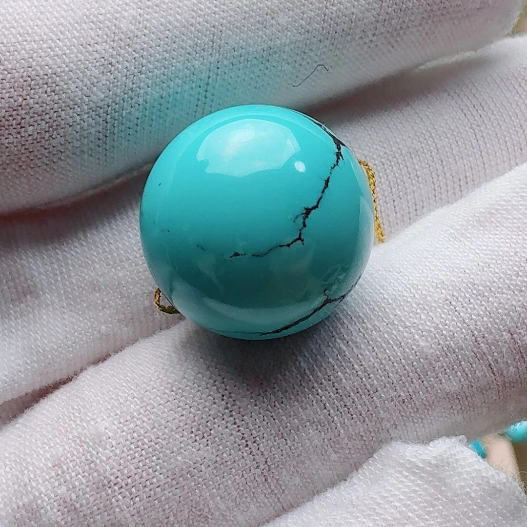 绿松石未镶嵌高瓷蓝水草纹圆珠 直径17.4