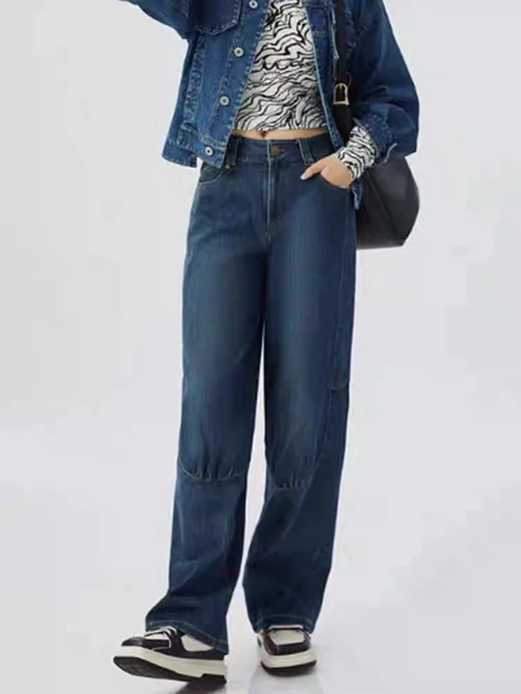 宽松复古牛仔裤风丹宁结构式高腰休闲裤潮5100432