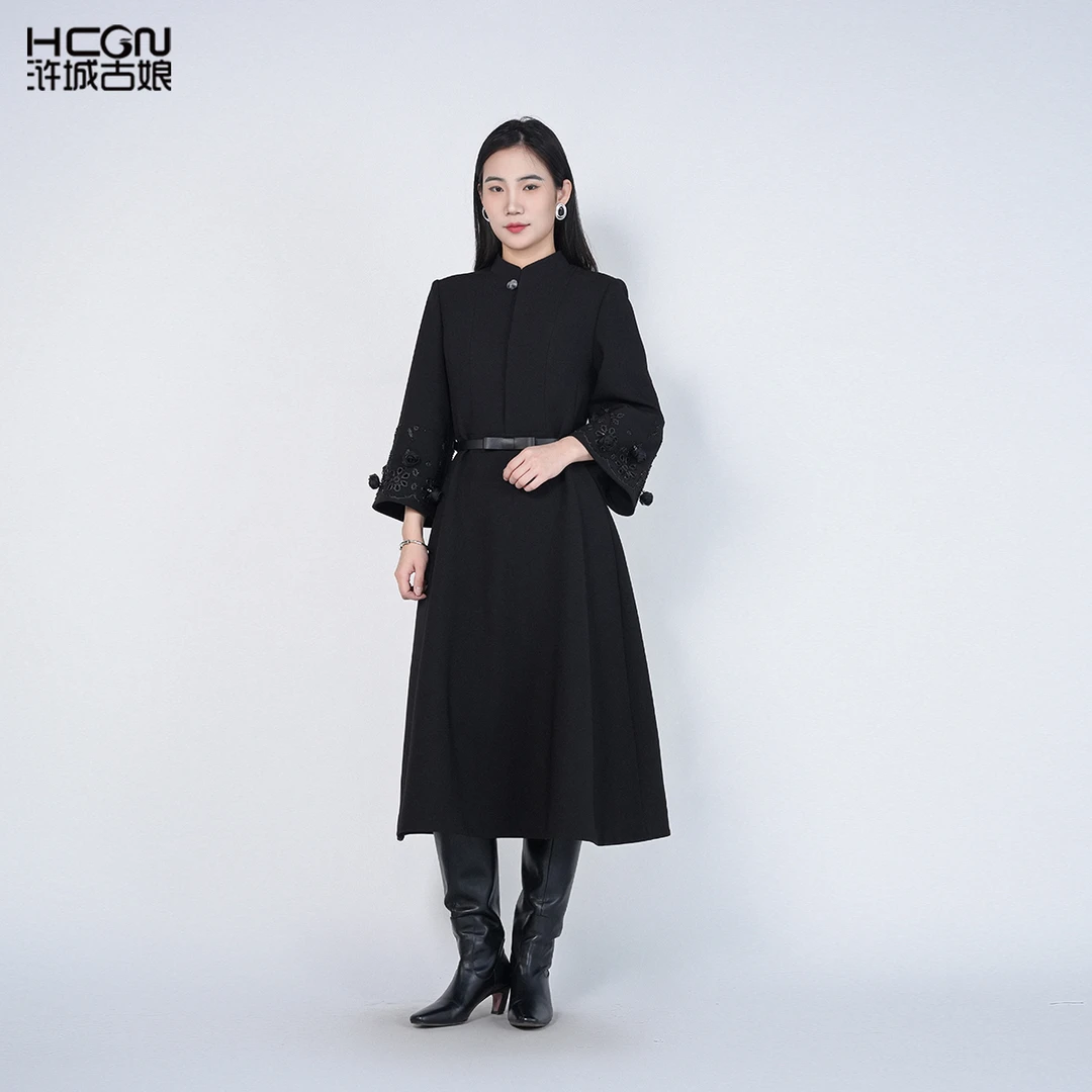 春夏季立体花黑色立领长袖女气质减龄显瘦黑月光连衣裙HASS010053