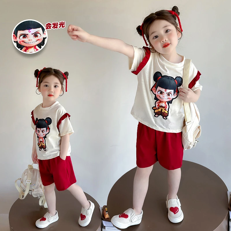 女童套装夏季2025新款宝宝哪吒衣服夏装洋气时髦儿童短裤子两件套