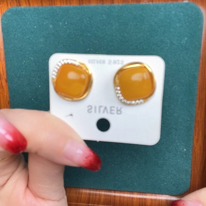 蜜蜡耳饰银S925镶嵌耳钉