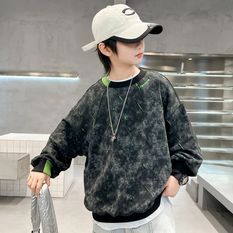 男童扎染卫衣春秋款2025新款儿童春装衣服潮牌中大童装打底衫痞帅