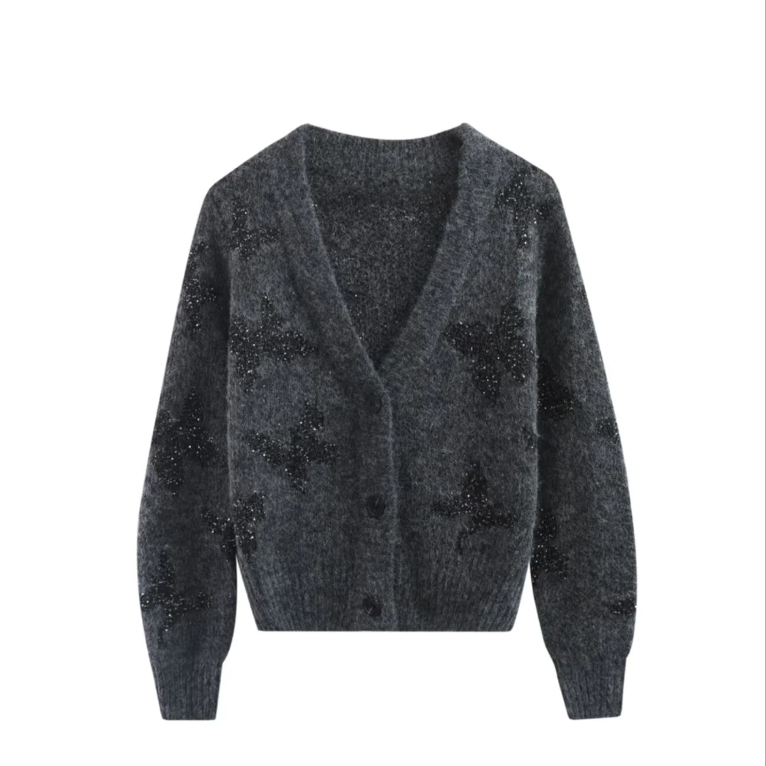 蝴蝶开衫亮片针织V领宽松百搭毛衣