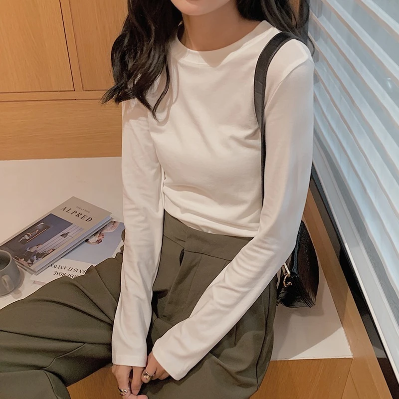 300g新疆纯棉简约白色打底衫女内搭2024春秋圆领长袖T恤女上衣ins