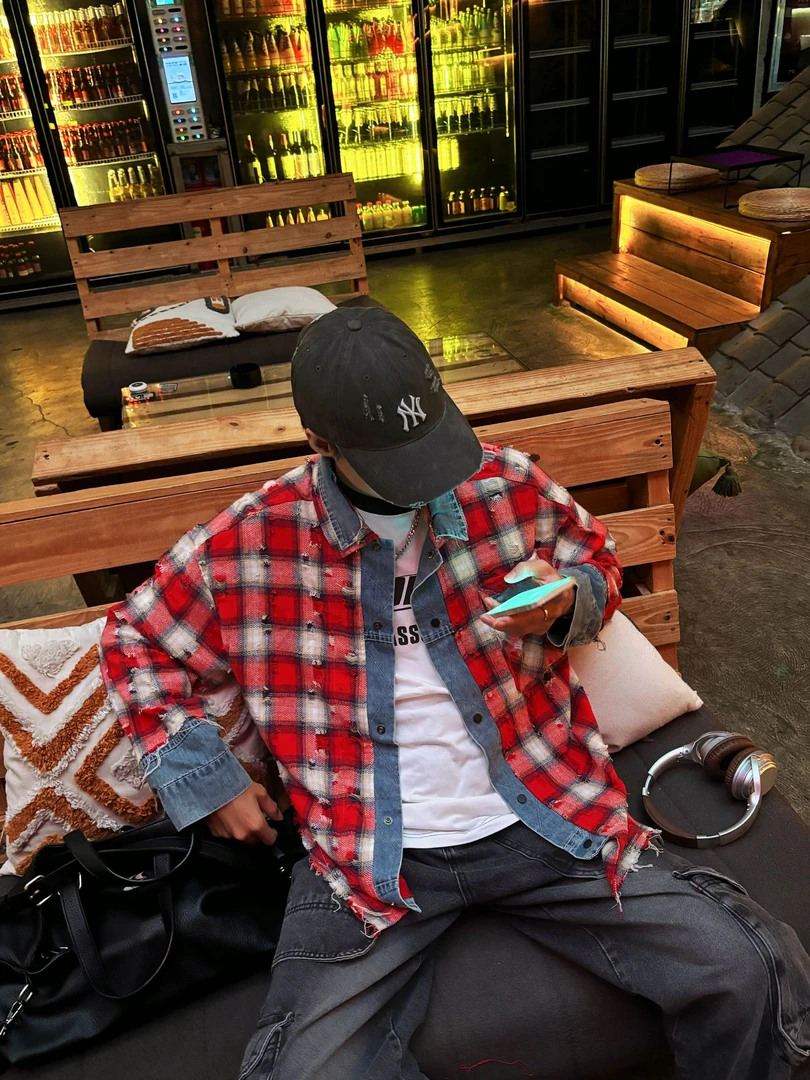 【衬衫假两件】美式复古oversize宽松格子破洞衬衫春秋情侣设计款