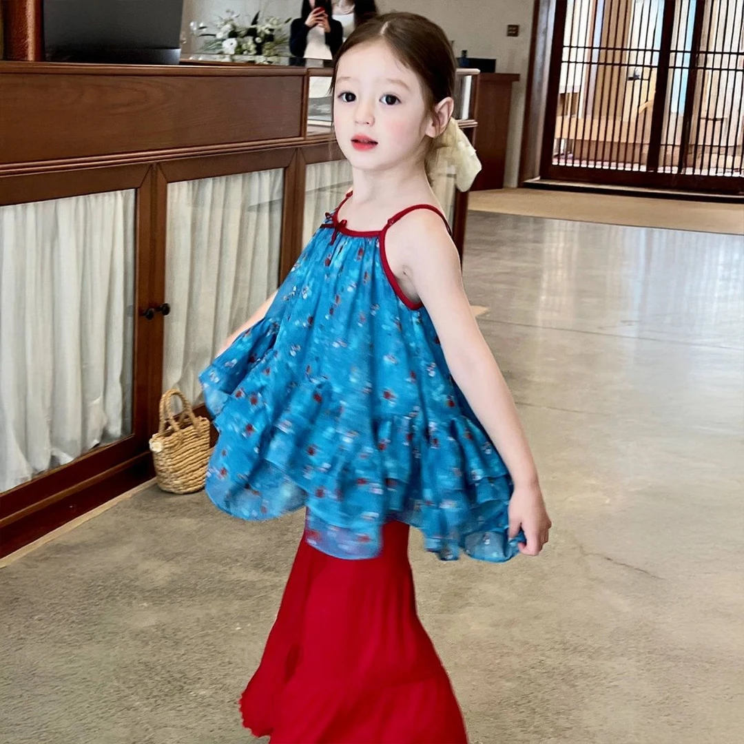 2025新款女童夏季碎花吊带两件套洋气薄款韩版儿童度假风裙子童装