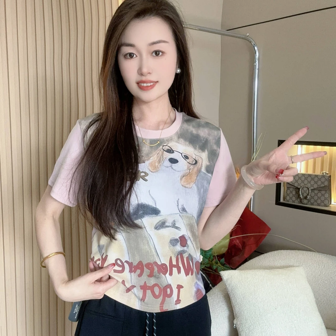 美式复古撞色短袖t恤女夏季修身显瘦短款甜辣妹百搭高街潮牌上衣