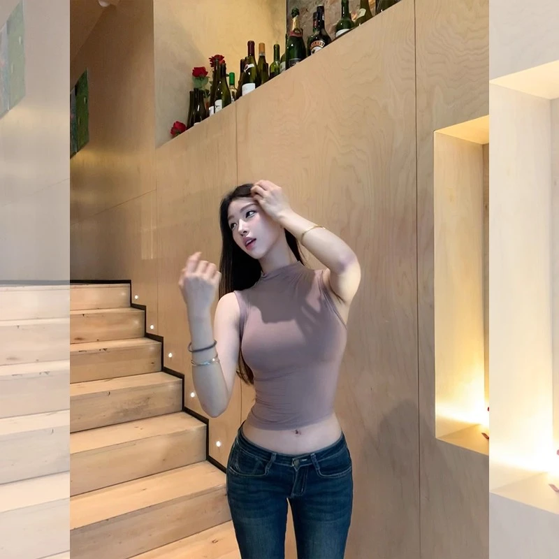 夏季辣妹半高领无袖背心女纯欲气质修身内搭打底短款显瘦外穿上衣