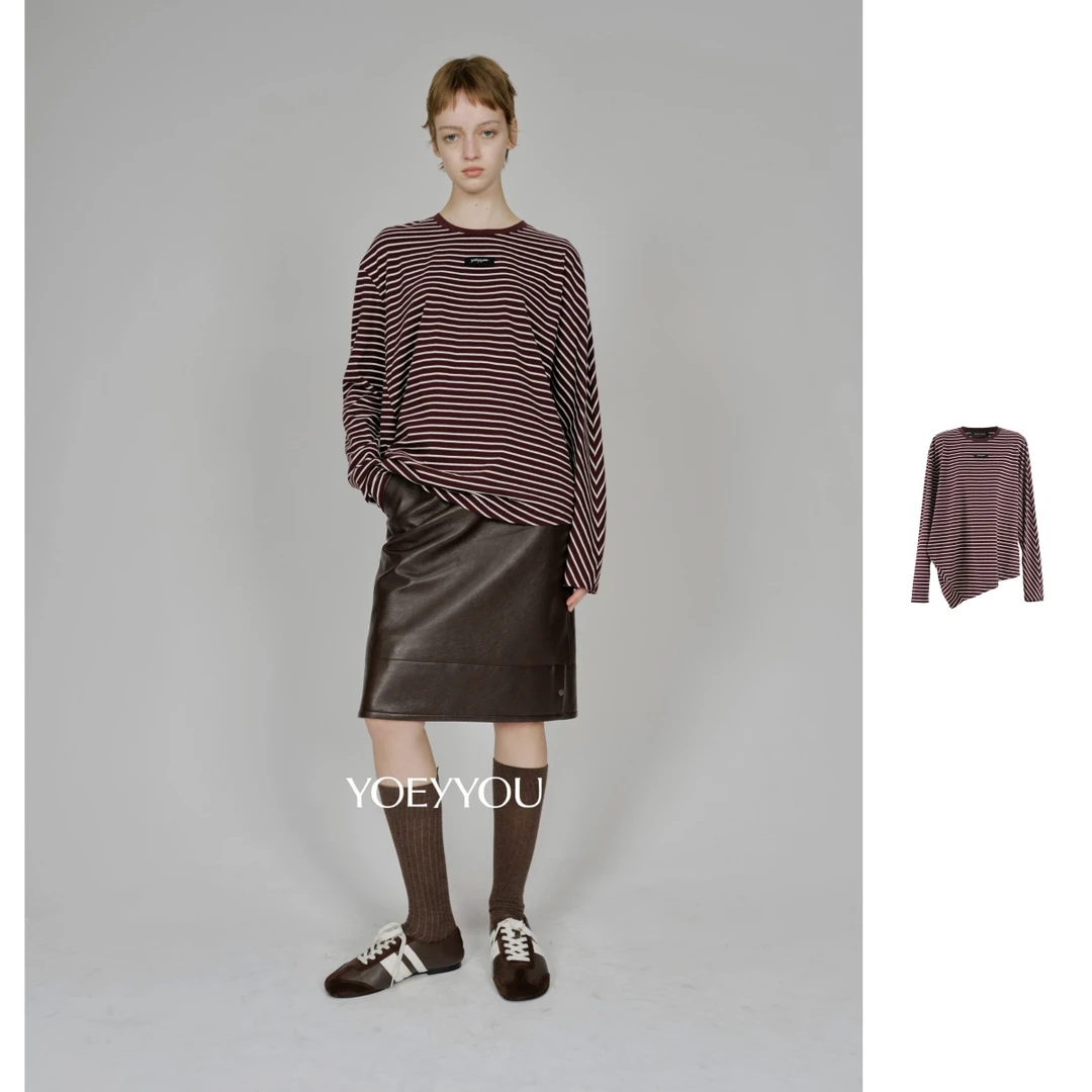YOEYYOU  25秋季新品不规则造型套头上衣条纹T恤打底百搭