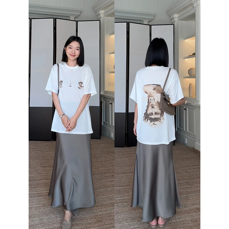 郭九九呢 天丝棉宽松圆领印花短袖T恤缎面鱼尾半身裙 G925A07801