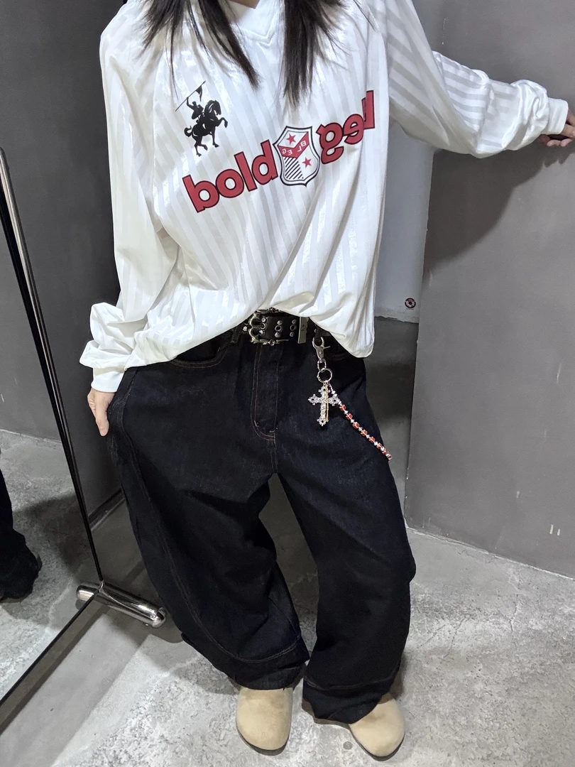 OS美式复古原牛弯刀裤阔腿拖地设计感小众牛仔裤