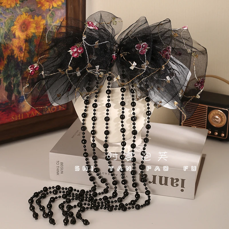 绮梦金纱蕾丝古风弹簧夹网纱发圈刺绣百搭流苏发饰仙气发夹一字夹