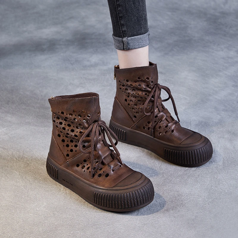 头层牛皮森系复古马丁靴女2025夏季透气镂空系带休闲厚底短靴