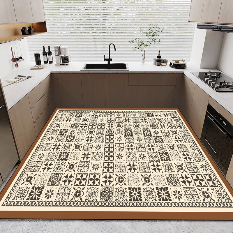 厨房满铺皮革地垫防水防油脚垫可擦免洗防滑垫美式复古大面积地毯