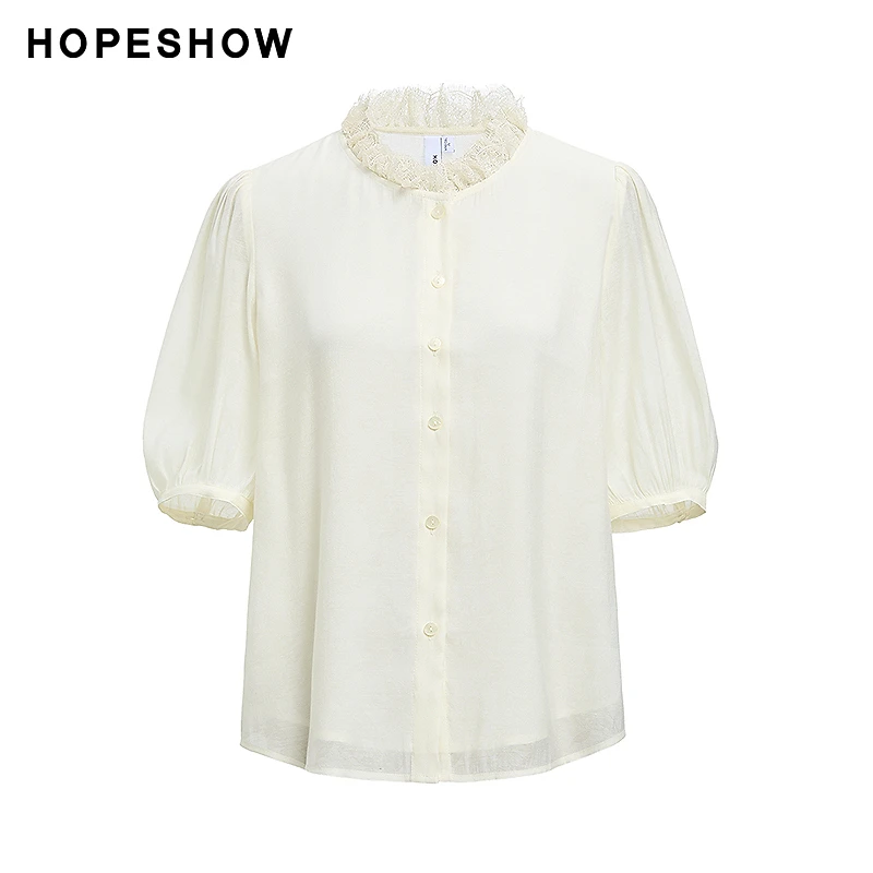 红袖2025秋新款女装 纯色蕾丝拼接单排扣短袖圆领上衣89124250301