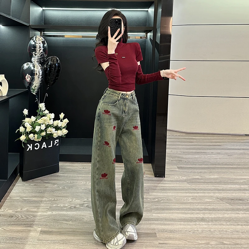 美式2025春夏新款今年流行修身短袖T恤女宽松直筒阔腿牛仔裤套装