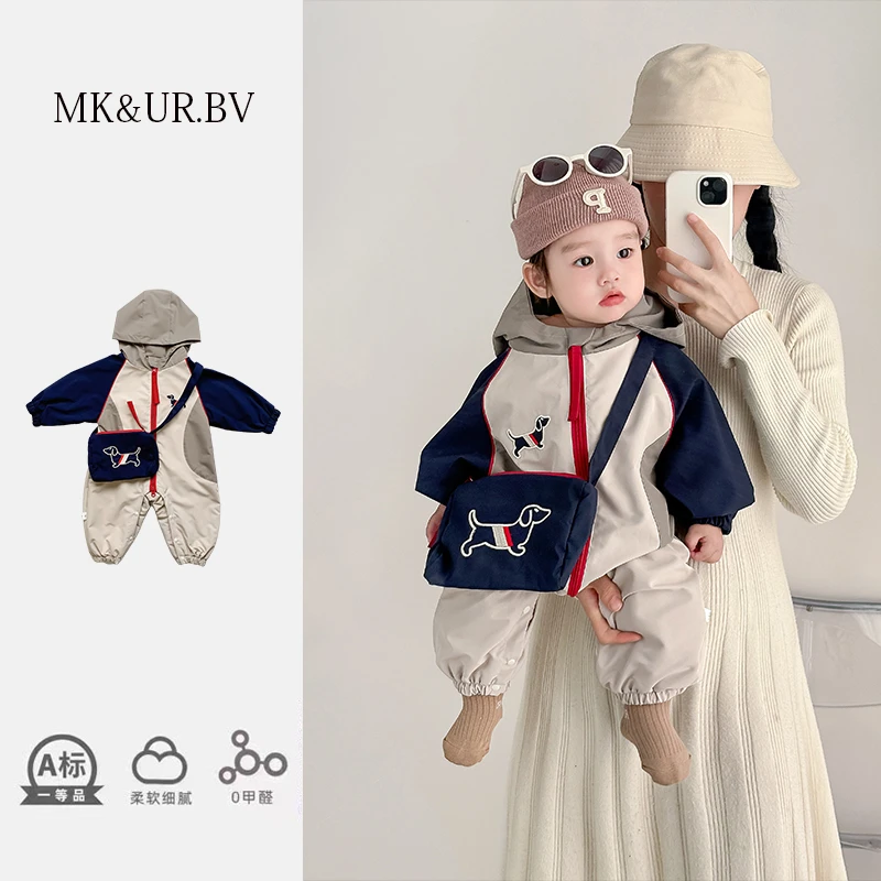 MK&UR.BV婴儿加绒小狗冲锋衣连体衣秋冬季装新款男女宝宝外出爬服