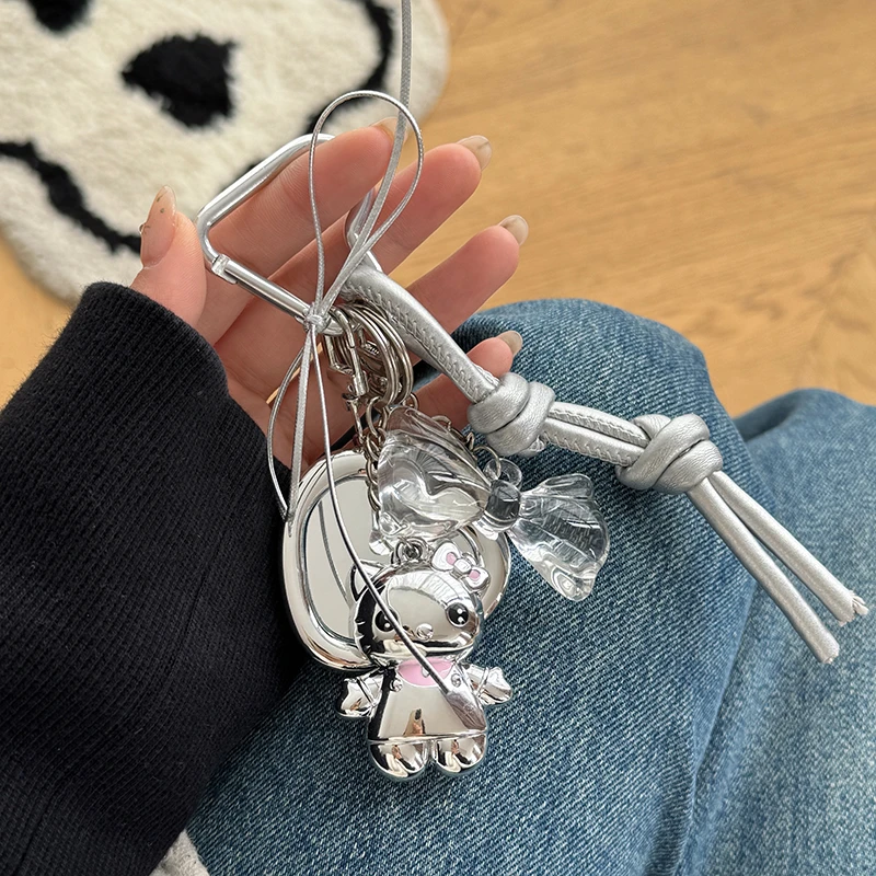 ins卡通kt猫包包挂件爱心镜子小众手工编织绳钥匙扣银色潮酷挂饰
