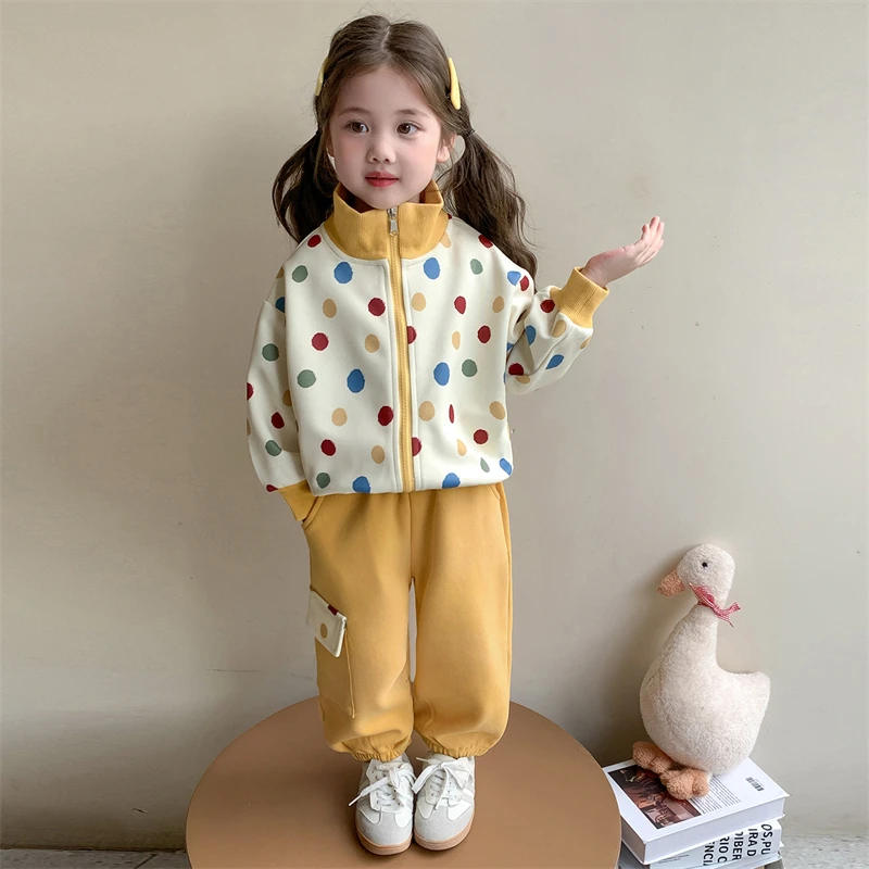 女童开衫外套套装春秋季洋气波点女宝宝早秋防风两件套儿童秋套装
