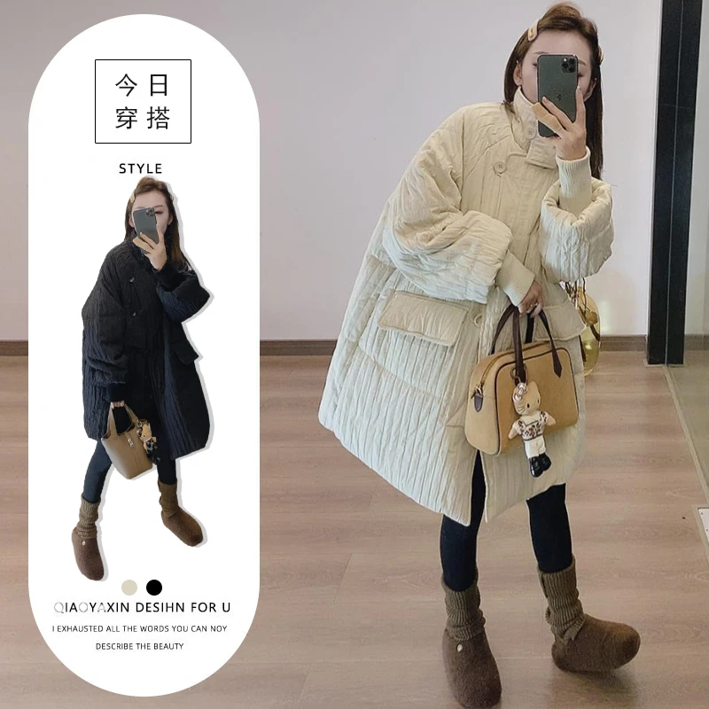 欧美显气质赫本风褶皱休闲中长款棉服2025秋冬季新款时尚减龄外套