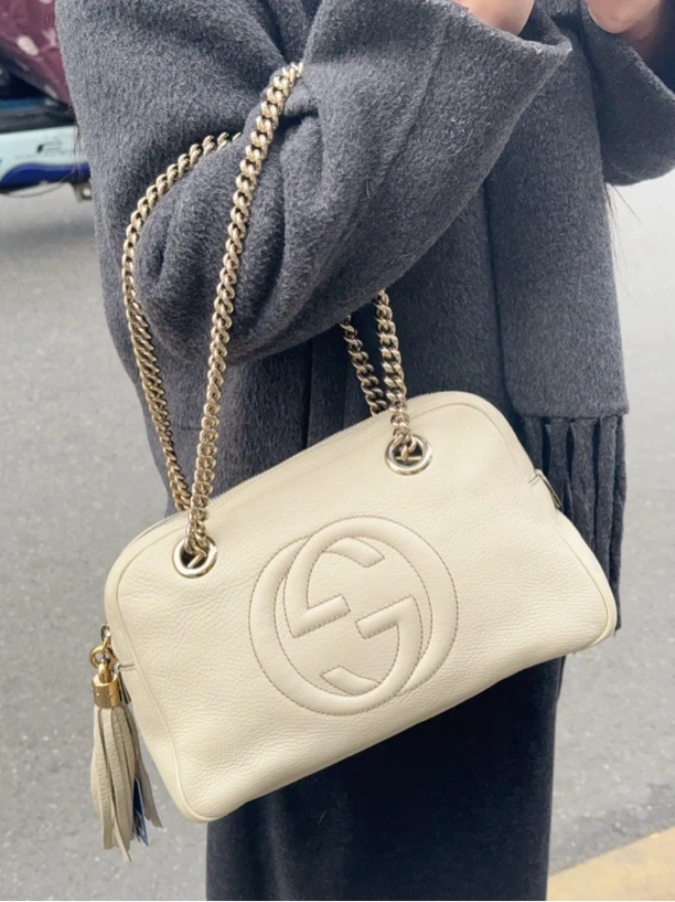 95新 GUCCI/古驰 白色流苏单肩相机包