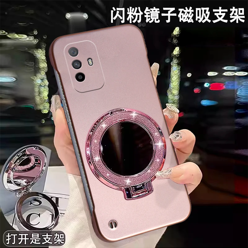 适用OPPOA95手机壳无边框超薄时尚金属漆散热闪粉镜子支架保护套