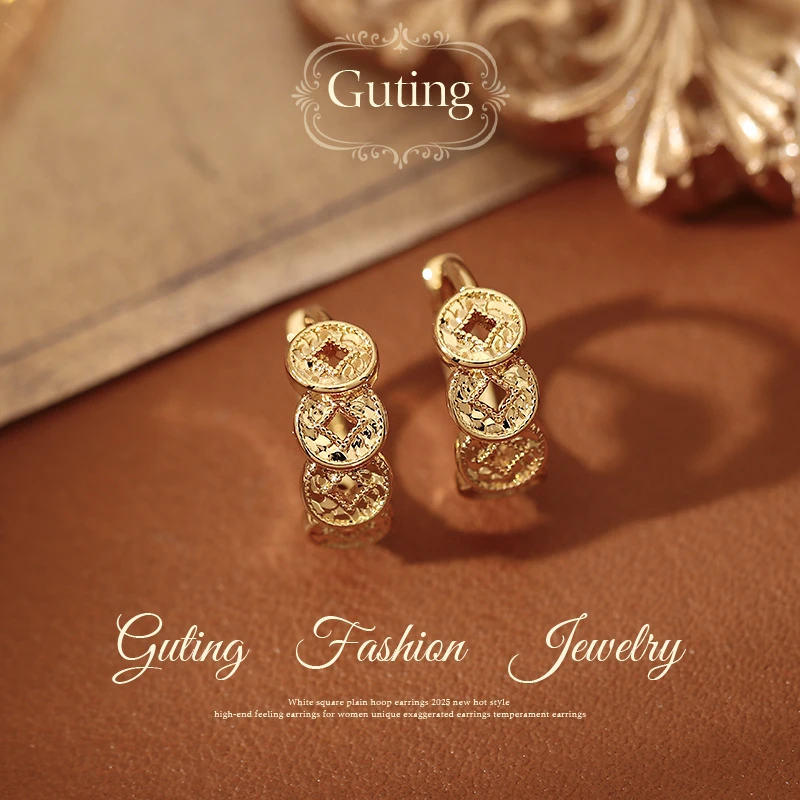 铜合金耳饰 22604金色钱币耳扣耳环女耳饰轻奢高级感气质大气耳钉