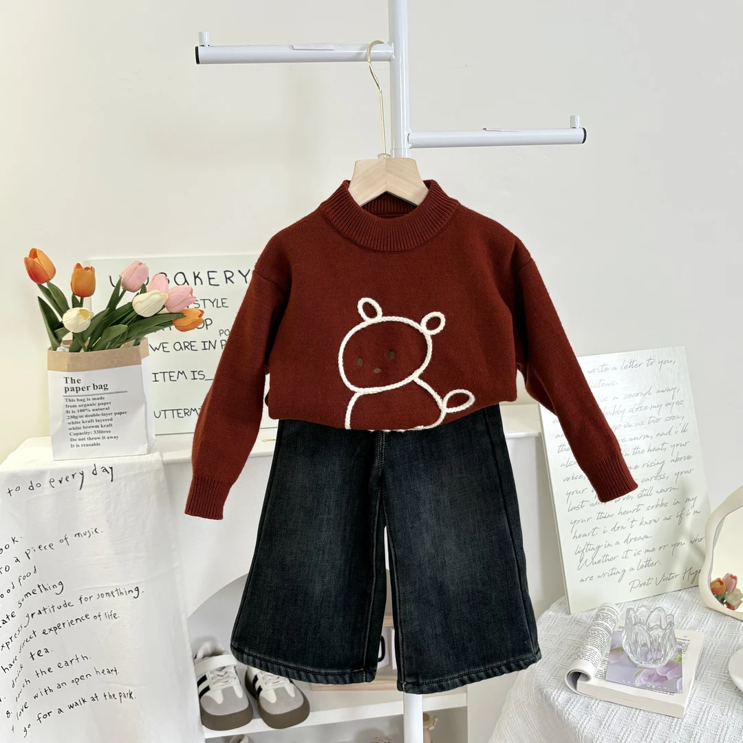 PAOFUPP女童加绒打底套头针织2025新年毛衣儿童圆领校服内搭神器