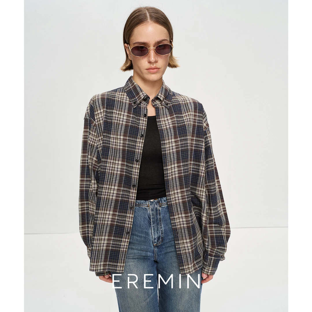 DE Mincollection绿棕格衬衫/色织格前短后长翻领休闲衬衫55430