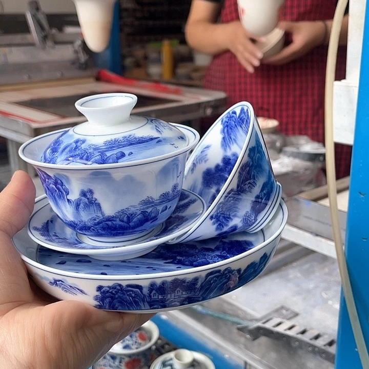 青花釉下彩盖碗杯子壶承