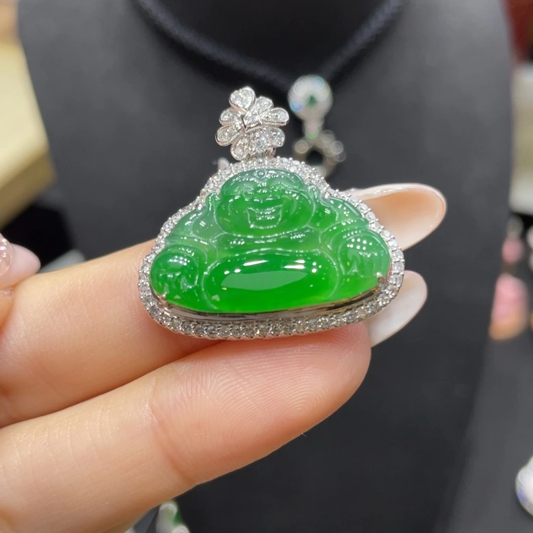 翡翠颈饰18K金镶嵌天然缅甸翡翠a货