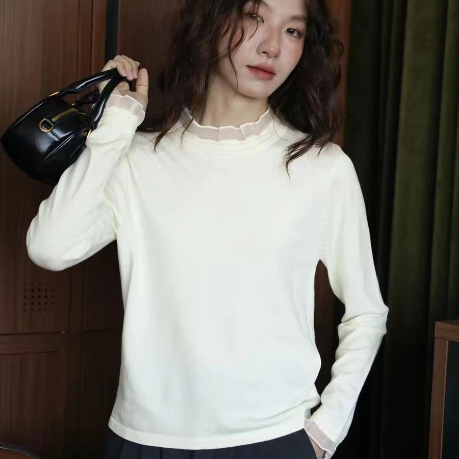 杭货网纱拼接圆领百搭德绒打底衫5291